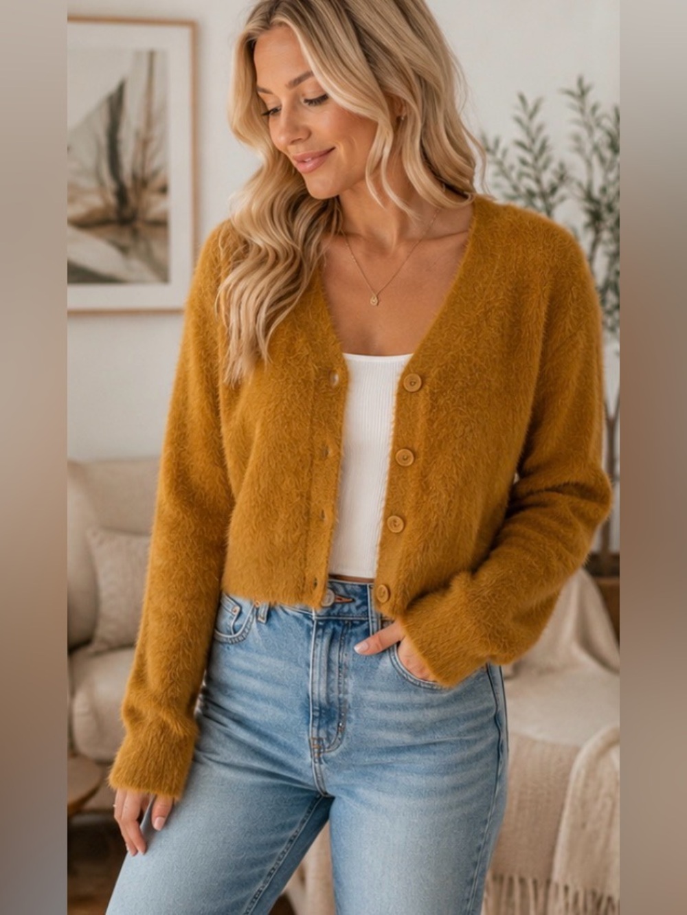167 Rachel Zoe Mustard Fuzzy Cropped Cardigan M Button Front Soft Knit Sweater